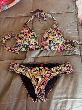 Victoria's Secret Black Multicolor Paisley Halter Bikini